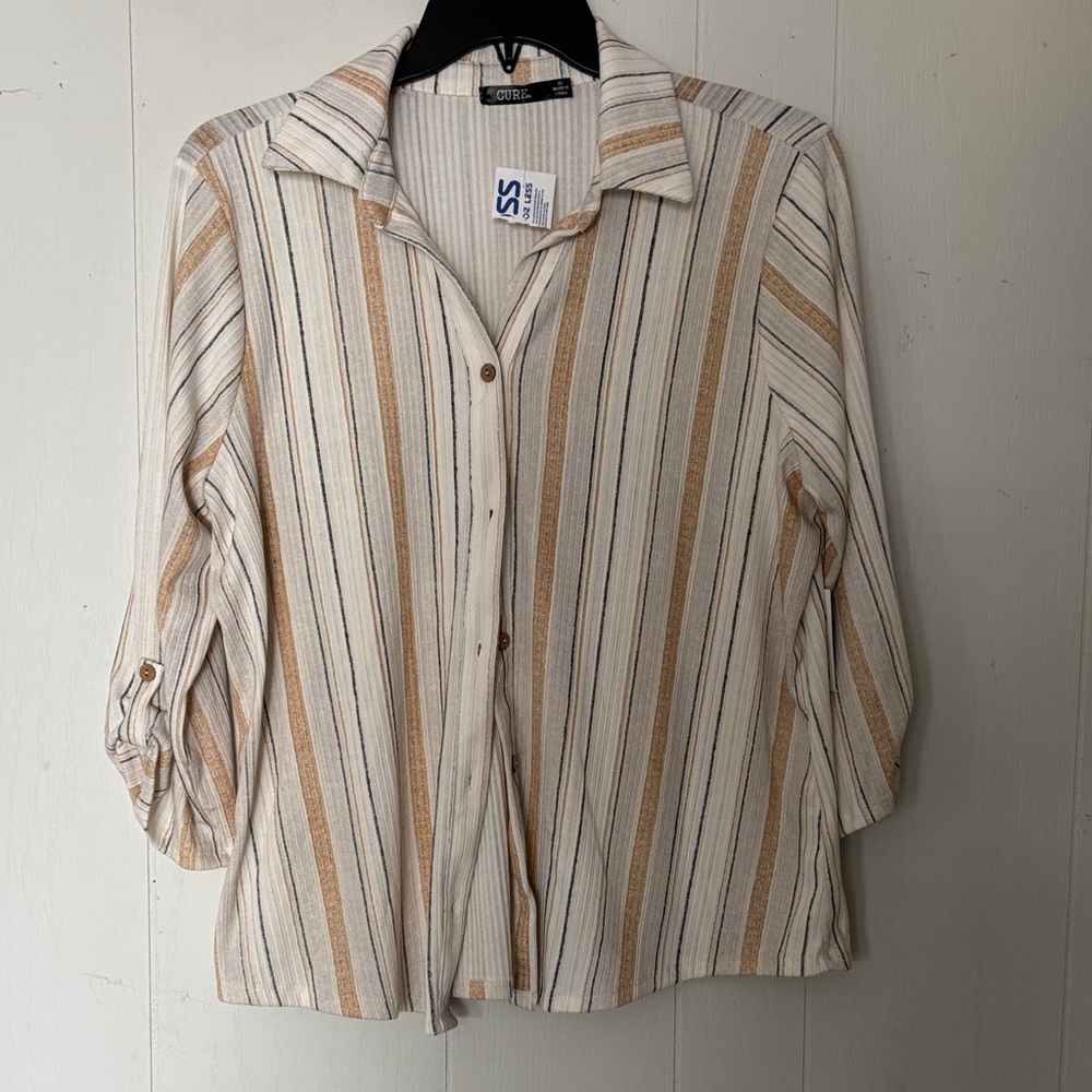 Striped Button-Down Shirt in Cream and Tan